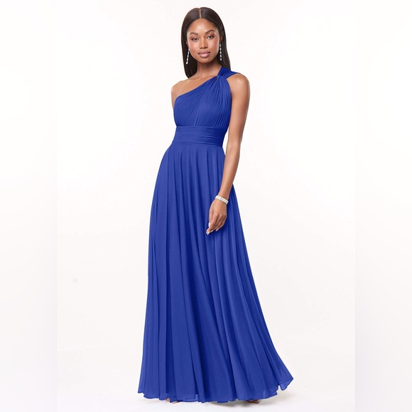 Azazie Charlize A-Line One Shoulder Mesh Floor-Length Dress Royal Blue - Picture 4 of 8